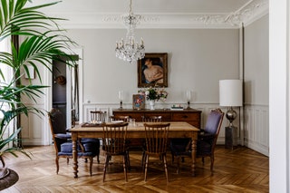 The silver lamp in the corner is a Philippe Barbier from the 1970s. Its one of the few more modern pieces in the house...