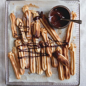 Air fryer churros with dark chocolate and cinnamon sugar